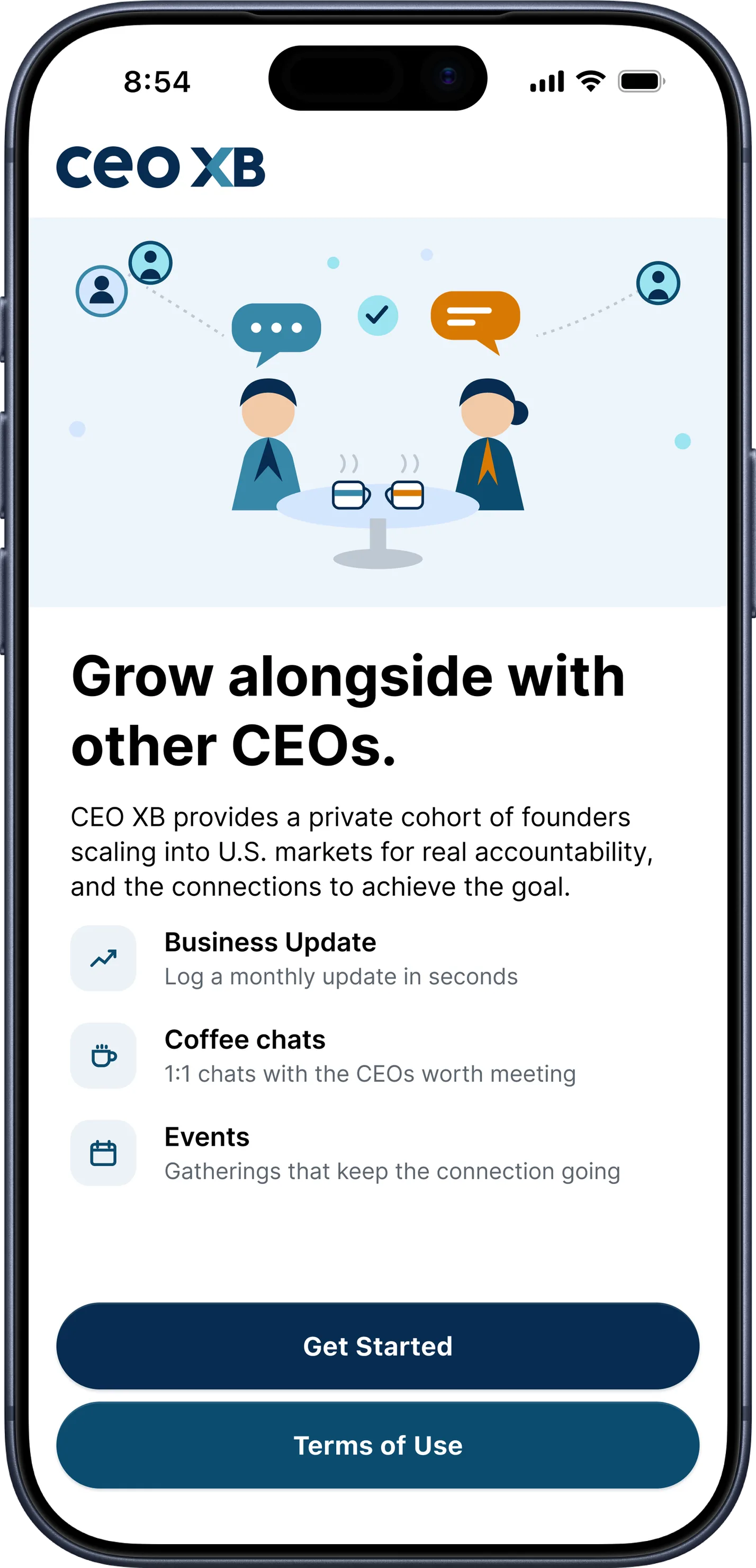 CEO XB onboarding intro screen listing business updates, coffee chats, and events above a Get Started button